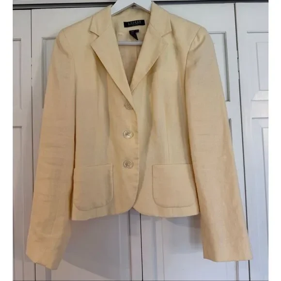 Lauren Ralph Lauren 100% linen butter yellow 3 button blazer 10 petite - Picture 2 of 6